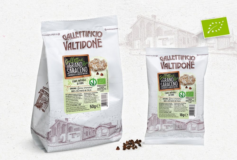 Nuovo packaging gallettine di grano saraceno bio del Gallettificio Valtidone